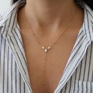 Y-Shape Drop Zircon Necklace for Women, 18K Gold Plated Stainless Steel Lariat Pendant with Beaded Tassel, Adjustable 45+5cm, Elegant Minimalist Clavicle Chain