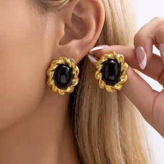 Vintage Black Oval Earrings Gold Flower Frame Stainless Steel Stud Earrings for Women Retro Luxury Jewelry