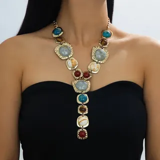 Vintage Y-Shape Statement Necklace, Retro Multi-Color Acrylic Gemstone Long Pendant Chain, Bohemian French Style Collarbone Necklace for Women