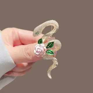 Luxury Pink Rose Snake Brooch - 18K Gold Plated Alloy with Rhinestones & Enamel, Year of the Snake Fashion Pin for Blazer & Scarf (5.4cm)