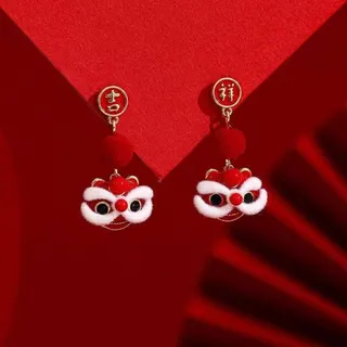 Chinese Style Red Lion Dance Earrings, Alloy Enamel & Plush Dangle Earrings, Lucky Fu Ji New Year Festive Ear Jewelry for Women, Approx 2.5x5cm