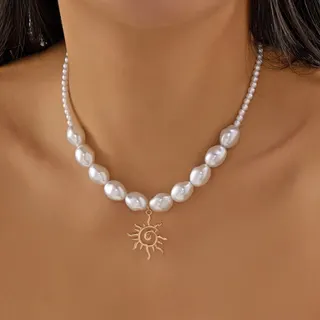 Sun Pendant Baroque Pearl Necklace Women Vintage Bohemian Irregular Pearl Choker Gold Alloy 18K Plated Adjustable 47+5cm Statement Collar Necklace
