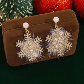 Christmas Snowflake Earrings, Rhinestone Pearl Faux Fur Dangle Earrings, 18K Gold Plated Alloy Holiday Party Jewelry, Gold, 1 Pair