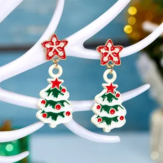 Christmas Tree Dangle Earrings for Women, Enamel Star & Tree Holiday Drop Earrings, Alloy Festive Jewelry Gift, 3.7cm