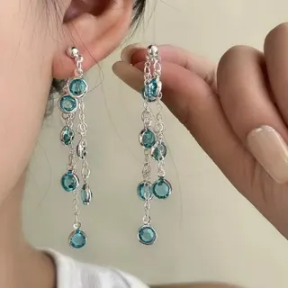 Long Tassel Drop Earrings Women Blue Gemstone Dangle Earrings Alloy Silver Plated French Vintage Face-Slimming 7cm Pair