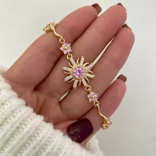 Sunflower Zircon Bracelet for Women, Gold Micro-Pavé Pink Stone Adjustable Chain, Sweet Vintage Jewelry Gift