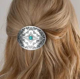 Vintage Boho Hair Clip - Silver Alloy Round Hair Accessory with Turquoise Stone, Ethnic Embossed Hair Pin for Women