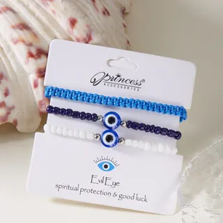 Evil Eye Bracelet Set for Women - 3pcs Blue & White Beaded Braided Elastic Wristbands, Boho Spiritual Protection Good Luck Charm, Resin & Seed Bead Stackable Bracelets with Card Packaging