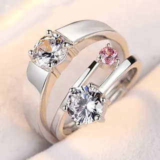 Adjustable Open-Back Couple Rings Set, 4-Prong Cubic Zirconia & Pink Zirconia Engagement Ring, 18K White Gold Plated, Bridal Promise Ring for Her and Him