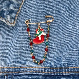Christmas Stocking Brooch Pin with Red Green Bead Tassel, Alloy Enamel KC Gold Plated, Festive Sweater Jacket Accessory, Holiday Gift Jewelry 7x3.8cm