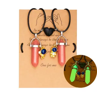 Glow in the Dark Couple Necklace Set - Astronaut Heart Magnetic Clasp Pendant with Pink Hexagonal Crystal Column, 18K Gold Plated Alloy & Natural Stone, Leather Cord, Gift Box