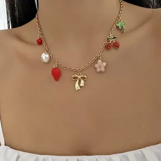 Sweet French Vintage Multi-Charmer Necklace - Strawberry Cherry Sakura Bow Pearl Collarbone Chain, 18K Gold Plated Alloy Resin, 40+5cm Adjustable