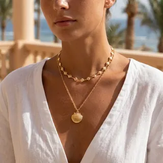 Vintage Scallop Shell Necklace Gold Alloy Layered Pendant Chain, Beach Vacation Style Double Strand Collarbone Necklace for Women