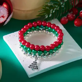 Christmas MERRY Letter Beaded Bracelet, Handmade Polymer Clay Christmas Tree & Snowman Charm, Red Green White Striped Seed Beads, Elastic 18cm, 3-Pack Set, Holiday Gift for Women Girls