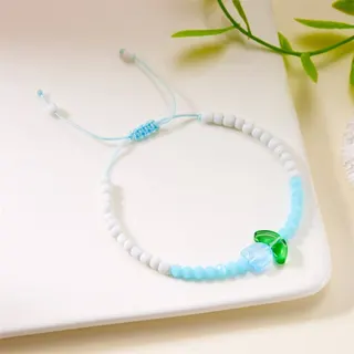 Tulip Beaded Bracelet - Pastel Blue & White Floral Leaf Charm, Adjustable Woven String, Boho Forest Style Women's Jewelry Gift