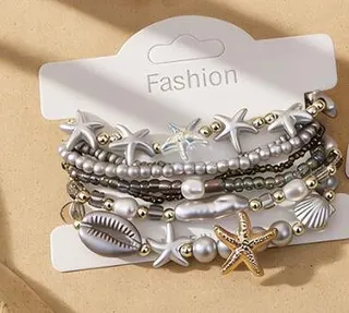Ocean Style Starfish Bracelet Set, Cream White Pearl Beaded Multi-Strand Bracelet with Shell & Starfish Charm, Glass Acrylic Beach Vacation Jewelry for Women