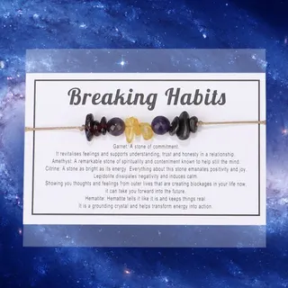 Breaking Habits Natural Stone Beaded Bracelet - Adjustable Wax Cord with Garnet, Amethyst, Citrine & Hematite - Mindfulness Healing Gift for Her
