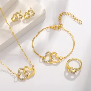 Silver Double Heart Rhinestone Jewelry Set for Women - 4pcs Necklace Bracelet Ring Earrings Set, Adjustable Open Ring, Elegant Gift for Bride Bridesmaid