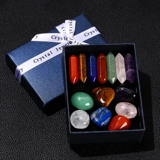 7-Color Natural Crystal Point & Tumbled Stone Gift Set, 12-Piece Hexagonal Double Point & Polished Stones, Healing Meditation Desktop Decor, Premium Gift Box