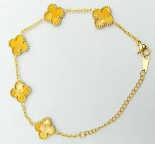 Stainless Steel Clover Bracelet Women, Yellow Enamel 18K Gold Plated, Tarnish Free Hypoallergenic, Vintage Beaded Lucky Charm Bangle, Gift for Her