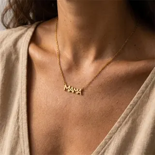 MAMA Necklace for Mom, 18K Gold Plated Stainless Steel Letter Chain, Minimalist Mother's Day Gift, Adjustable 43+5cm Clavicle Chain