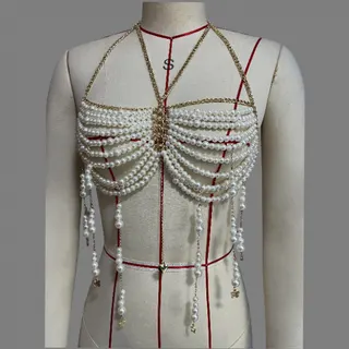 Luxury Pearl Beaded Bustier Body Chain, Halter Necklace with Tassel Heart Butterfly Star Charms, Imitation Pearl & Alloy, Wedding Party Photo Accessory