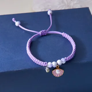 Purple Shell Pearl Dangle Braided Bracelet for Women, Adjustable Woven Cord with Ceramic Beads & Bell Charm, Sweet Ins Style 16-26cm