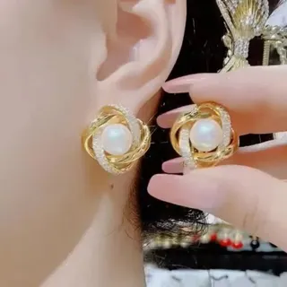 Luxury Floral Pearl Stud Earrings - Gold Tone Alloy with Rhinestone & Imitation Pearl, French Vintage Style, Bridal & Daily Wear, 2.5cm, Pair