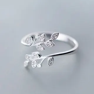 Adjustable Open Leaf Ring for Women, Zircon Vine Branch Ring, Silver Plated Copper, Micro-Pavé Crystal, Lightweight Dainty Stackable Ring, Gift for Her