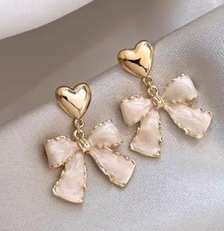 Sweet Heart Bow Earrings for Women, 18K Gold Plated Alloy with Mother-of-Pearl Bow Dangle Earrings, French Cute Jewelry Gift, 4cm Pair