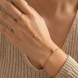 Minimalist Gold Finger Chain Bracelet with Zircon - Stainless Steel 18K Gold Plated, Adjustable 16+3cm, Hypoallergenic Hand & Finger Wrap Jewelry for Women