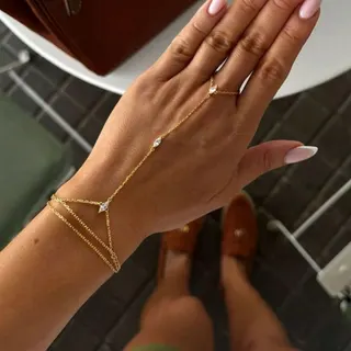 Gold Multi-Layer Finger Chain Bracelet with Rhinestones, 18K Gold Plated Copper Long Wrap Wrist Chain, Minimalist Luxury Hand Jewelry for Women