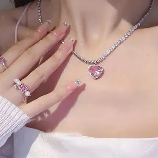 Pink Heart Zircon Paved Necklace - Delicate Clavicle Chain with Rhinestone Heart Pendant, Adjustable 45+5cm, Elegant Gift for Women