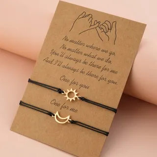 Sun & Moon Lattice Couple Bracelet Set, Gold & Silver Alloy Adjustable Braided Cord Handcuff with Kraft Card Gift, 16-30cm, Black Rope