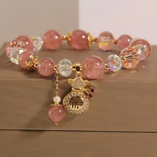 New Chinese Style Lucky Bag Strawberry Quartz Bracelet for Women, Pink 18K Gold Plated Alloy with Micro Paved Zircon & Faceted Glass Beads, Wealth & Blessing Charm, 17.5cm