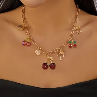 Cherry Heart Palm Tree Bow Multi-Charm Necklace, 18K Gold Plated Alloy with Rhinestone & Resin Fruit Beads, Adjustable 42+7cm Clavicle Chain for Women, Vacation Sweet-Cool Style