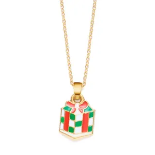 Christmas Enamel Gift Box Necklace, 18K Gold Plated Stainless Steel Candy Stripe Pendant with Pink Bow, 45+5cm Adjustable Chain, Holiday Gift Jewelry for Women