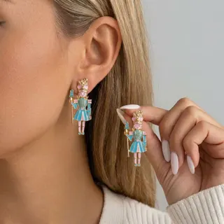 Christmas Nutcracker Earrings for Women, Alloy Enamel 3D Figurine Dangle Earrings, Vintage Fairy-Tale Holiday Party Jewelry Gift, Approx 5cm