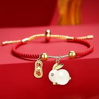 Lucky Red Rope Bracelet for Women - Rabbit & Fu Gourd Charm, Adjustable Drawstring, 18K Gold Plated Alloy, Chinese Zodiac Blessing Gift