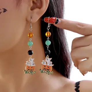 Halloween Pumpkin Ghost Drop Earrings, Alloy Silver Long Dangle Bead Earrings with Wicked Charm, Festive Party Jewelry for Women
