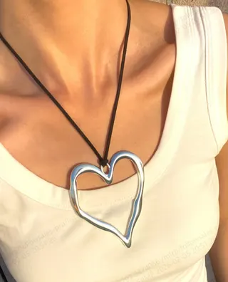 Irregular Hollow Heart Necklace Silver CCB Alloy Mirror Polished Long Rope Chain Minimalist Statement Pendant for Women 78cm