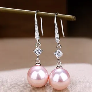Pink Pearl Drop Earrings with Micro-Pavé Zircon, Silver-Plated Copper Hook Earrings, Elegant Dangle Ear Jewelry for Women, 4.3cm, Pair