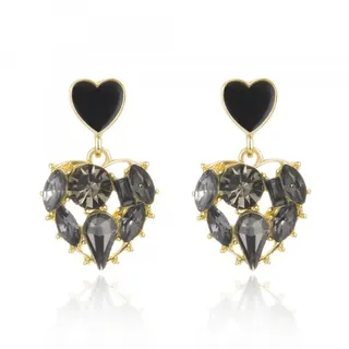 Heart Shaped Black Rhinestone Earrings, Gold Plated Alloy Enamel Drop Earrings with Smoky Crystal, Hypoallergenic Silver Post, Sweet Cool French Vintage Jewelry Pair