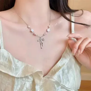 Butterfly Bow Pearl Star Necklace for Women, Silver Alloy with Pearl Beads, Adjustable 40+5cm Delicate Clavicle Chain, French Sweet Elegant Pendant Jewelry Gift