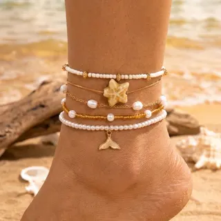 5-Piece Ceramic Starfish & Fish Tail Anklet Set for Women, White Pearl & Rice Bead Stackable Ankle Bracelets, 18K Gold Plated Alloy, Beach Vacation Jewelry, 22+5cm