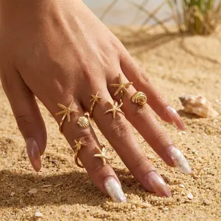 Summer Ocean Starfish Shell Ring Set, Gold Plated Alloy Adjustable Stacking Rings, Beach Boho Jewelry for Women