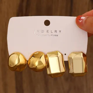 Geometric Gold Hoop Earrings Set - CCB Mirror Polished Eight-Facet & Irregular Round Studs, Korean Designed Luxury Minimalist Jewelry 2.2-2.9cm