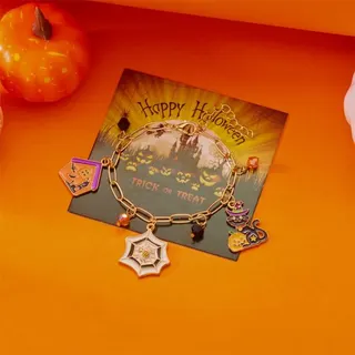 Halloween Charm Bracelet - Gold Alloy 18K Plated with Ghost, Pumpkin & Skeleton Dangles, Orange Black Enamel, Trick or Treat Party Jewelry, 17+5cm
