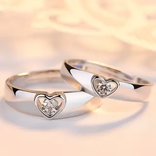 Heart Shaped Zircon Adjustable Couple Rings, 18K White Gold Plated Open Band Promise Ring for Women Men, Valentine's Day Gift Pair