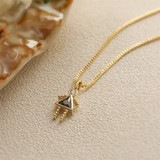 Birthstone Mini Pendant Necklace for Women, 18K Gold Plated Copper with Black Spinel Geometric Triangle & Zircon Drop, 40+5cm Adjustable Clavicle Chain, Elegant Birthday Gift